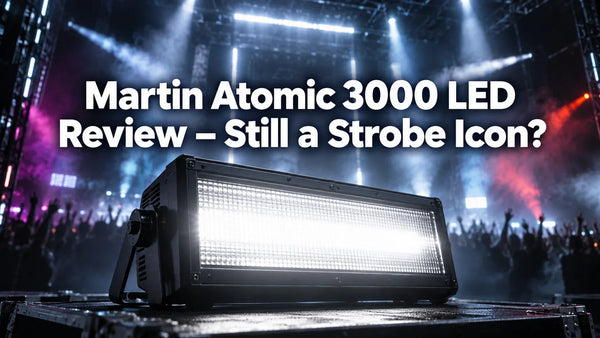 Strobe lights and Martin Atomic 3000 LED used in a professional stage lighting rig