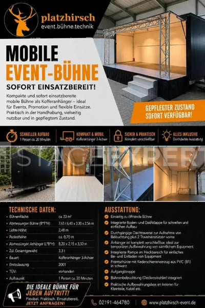 Mobile Stage Trailer – Single-Sided Opening, 23 m²