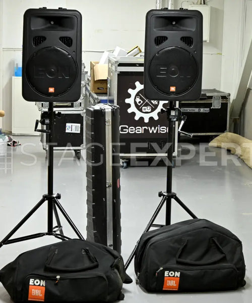 JBL EON15 G2 powered speakers with K&M 213 stands