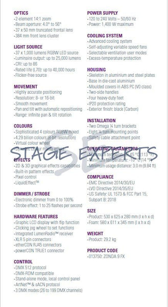 Ayrton Zonda FX 1400W RGBW 25, 000 lumens Beam 4 °- 56 ° CRI> 86