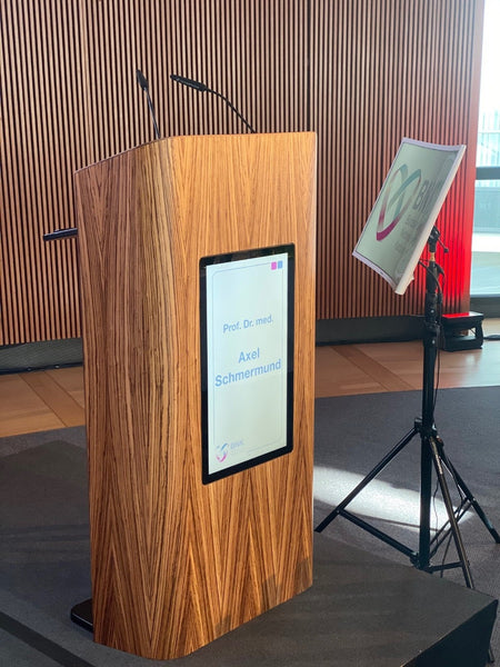 Custom lectern with 22-inch LED display, swappable front