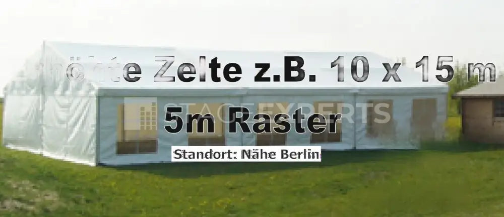 Modular Raised Tent 10 x 15 m, B1 PVC, 5 m Bay Spacing