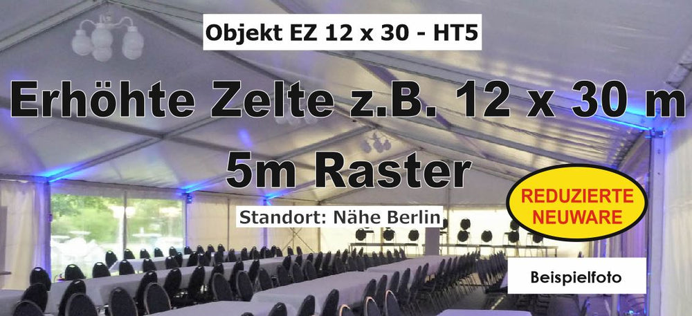 Elevated Tents 12x30m – 5m Bay Spacing, PVC B1, New