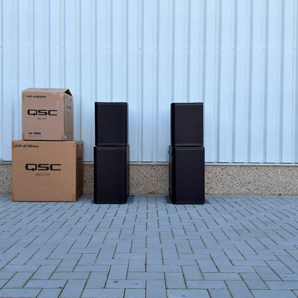 QSC AP-4122m (2) + AP-212sw (2) passive PA system bundle